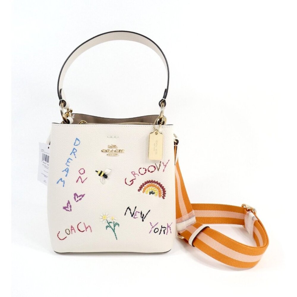 Coach‎ Chalk Multi Diary Embroidery Small Town Leather Bucket Bag NWT C8282